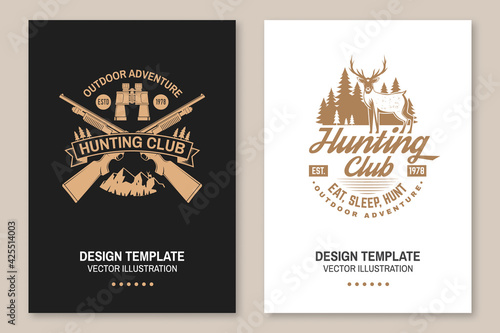 Hunting club. Vector. Eat, sleep, hunt. Vector illustration Flyer, brochure, banner, poster design with hunting gun, binoculars, mountains, deer, forest silhouette. Outdoor adventure hunt club emblem