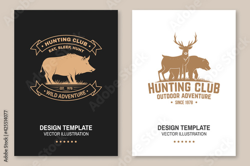 Hunting club badge. Eat, sleep, hunt. Vector illustration Flyer, brochure, banner, poster design with deer, bear and forest silhouette. Outdoor adventure hunt club emblem