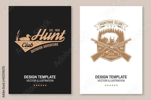Hunting club. Vector Flyer, brochure, banner, poster design with with duck on a water, hunting gun, bear and forest silhouette. Outdoor adventure hunt club emblem. Wild adventure.