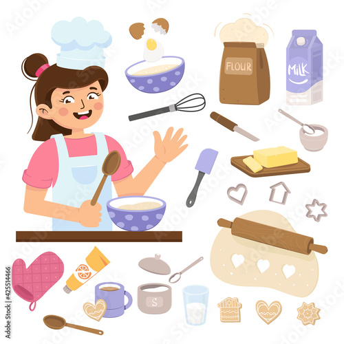 Girl cooking in kitchen. Little baker. Kitchen tools isolated on a white background. Little cook mixes the dough. Kid character in cartoon style. Vector illustration isolated on white background