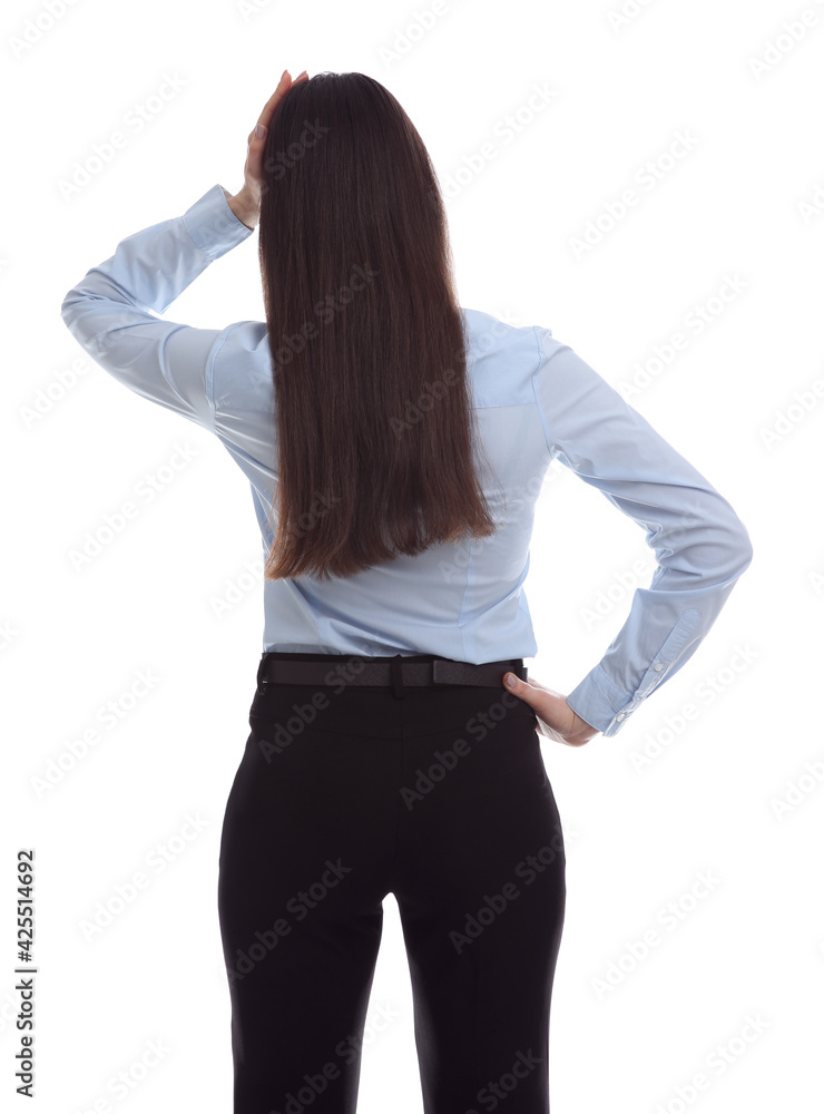 Young businesswoman in elegant suit on white background, back view Young businesswoman in elegant suit on white background, back view