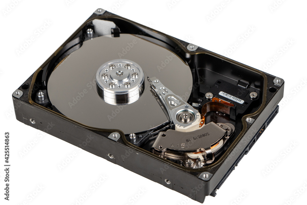 Close up inside of computer hard disk drive HDD isolated on white background Close up inside of computer hard disk drive HDD isolated on white background