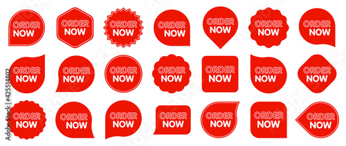 Set of Order Now badges. Sale quality tags and labels. Template banner shopping badges. Special offer, buy now, sale, discount, shop, black friday. Vector illustration.