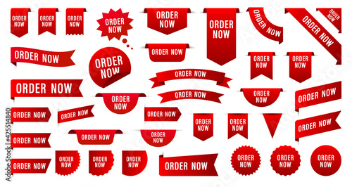 Set of Order Now badges. Sale quality tags and labels. Template banner shopping badges. Special offer, buy now, sale, discount, shop, black friday. Vector illustration.