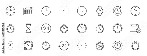 Set of 24 Time and clock web icons in line style. Timer  Speed  Alarm  Calendar. Vector illustration.