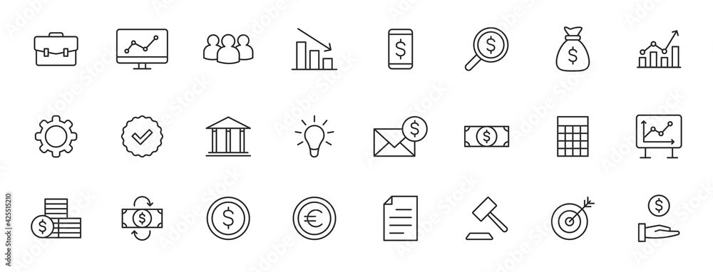 Set of 24 Business and Finance web icons in line style. Money, dollar, infographic, banking. Vector illustration.