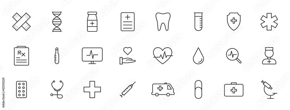 Set of 24 Medical and Health web icons in line style. Medicine and Health Care, RX, infographic. Vector illustration. Set of 24 Medical and Health web icons in line style. Medicine and Health Care, RX, infographic. Vector illustration.