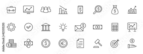 Set of 24 Business and Finance web icons in line style. Money, dollar, infographic, banking. Vector illustration.