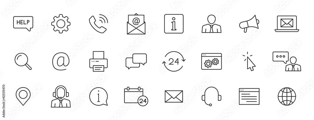 Set of 24 Support and Help web icons in line style. Assistance, email, customer, 24 hrs, service, contact. Vector illustration.