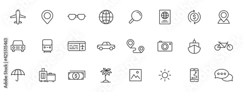 Set of 24 Travel and Holiday web icons in line style. Transport, Luggage, food, navigation, holiday. Vector illustration.