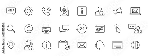Set of 24 Support and Help web icons in line style. Assistance, email, customer, 24 hrs, service, contact. Vector illustration.