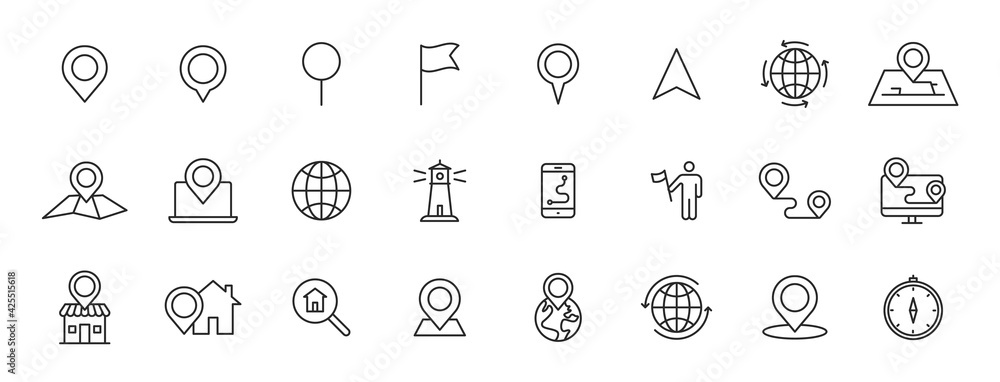 Set of 24 Navigation and location web icons in line style. GPS, compass, global, marker, map, pointer. Vector illustration. Set of 24 Navigation and location web icons in line style. GPS, compass, global, marker, map, pointer. Vector illustration.