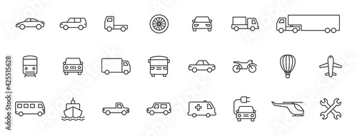 Set of 24 Cars and transport web icons in line style. Airplane, bus, parking, travel, train, comfortable. Vector illustration.