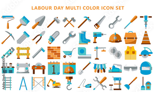 Set Flat colored vector labour or labor day icons linear design, Industry tool icon set. for modern concepts, web and apps. eps 10 ready convert to SVG