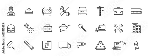 Set of 24 Construction web icons in line style. Building, engineer, business, road, builder, industry. Vector illustration.