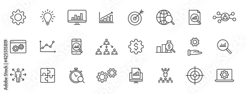 Set of 24 Data Proceassing web icons in line style. Graphic, analytics, statistic, network, diagrams, digital. Vector illustration.