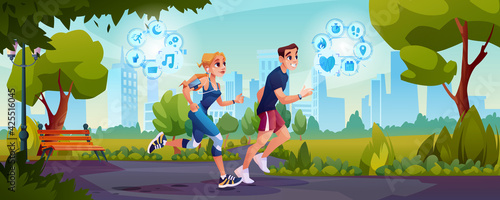 Smart run concept, man woman jogging in park, slimming people burning calories. Vector runners monitoring heart rate, steps and route, workout time with smart watch. Cityscape, green trees landscape