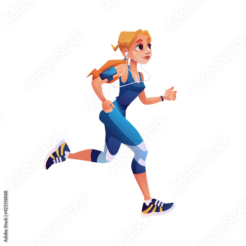 Fitness running girl with music player isolated cartoon style character. Vector cute woman design for motivational article about sport trainings. Pretty sportive jogger in uniform, jogging person
