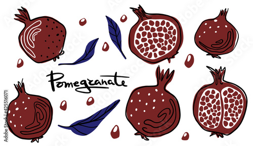 Set of Pomegranate fruit illustration in line art black and red color isolated on white background