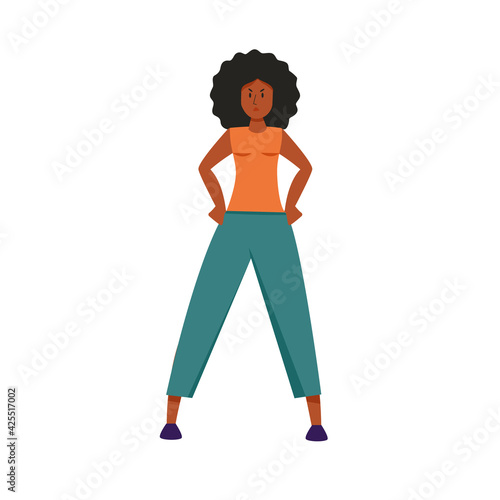 Annoyed Afro-American housewife hands on the hips standing full length. Black skin angry woman cartoon character isolated white background. Vector illustration.