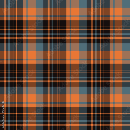 Seamless pattern in black, orange and dark blue colors for plaid, fabric, textile, clothes, tablecloth and other things. Vector image.