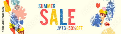 Summer sale poster template with silk-screen effect. Serigraphy design.