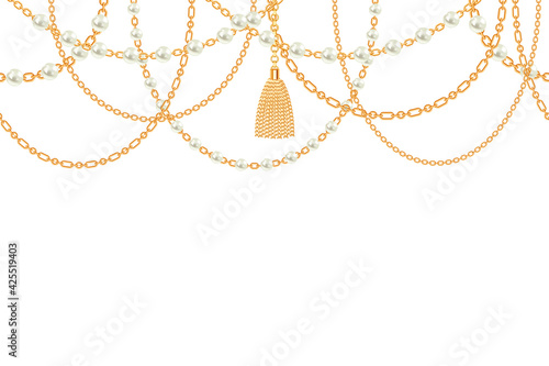 Background with golden metallic necklace. Tassel, pearls and chains. On white. Vector illustration