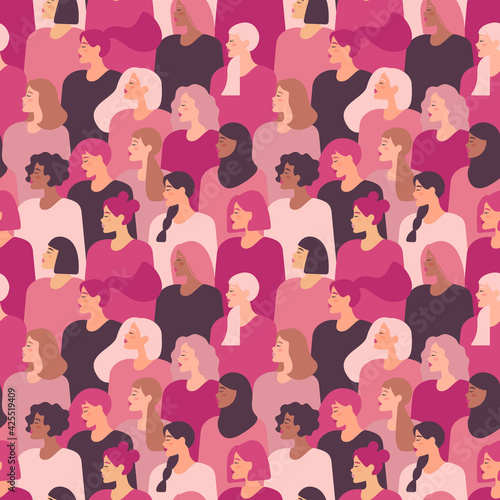 Female diverse faces of different ethnicity. Vector seamless drawing with women of different nationalities and cultures. Women's struggle for freedom, independence, equality.
