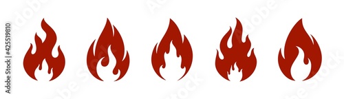 Fire flame icons set. Vector flame logos design. Red fire silhouette icons. Flat design.