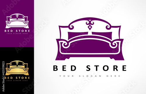 Bed store. Bed with pillows logo vector design.