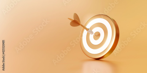 Golden arrow aim to dartboard target or goal of success on business background with complete achievement concept. 3D rendering. photo