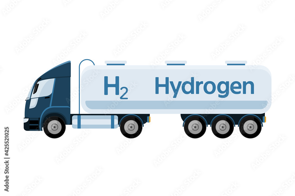 Truck with hydrogen tank trailer. Vector illustration
