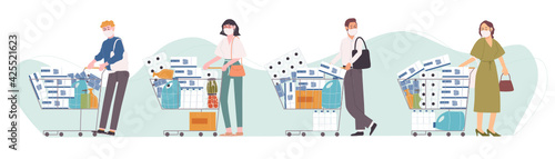Flat style vector illustration of cartoon character people in face mask are panic shopping. Supplies, alcohol gel, face mask, cleaning liquid, tissue paper store up. Corona virus affection.