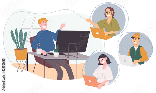 Flat style vector illustration of cartoon character working from home. Concept of people working online, meeting conference at home. Social-distance during corona virus quarantine. New normal