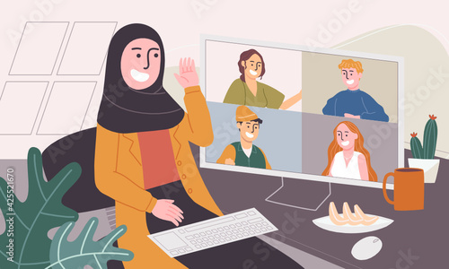 Flat style vector illustration of cartoon muslim woman character waring hijab and working from home. Working online, meeting conference at home. Social-distance during corona virus quarantine.