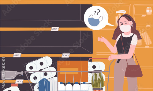 Flat style vector illustration of empty shelf in supermarket. Concept of panic shopping, Face mask, cleaning liquid And food sold out. Supplies store up. Corona virus affection.