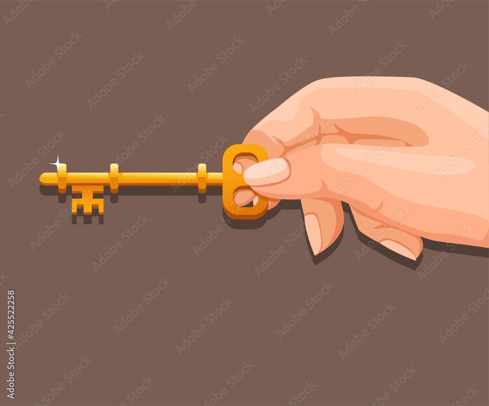 Hand hold golden key symbol for unlock door or chest treasure box concept in cartoon illustration vector Hand hold golden key symbol for unlock door or chest treasure box concept in cartoon illustration vector