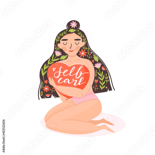 Self care or body positive concept. Cute girl hugging big heart. Positive woman with flowers, heart and typography composition. Vector trendy cartoon illustration on white background. Print design.