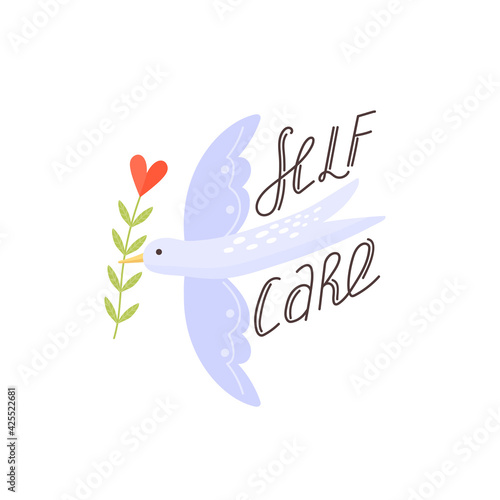 Bird with branch. Self care, self acceptance, love yourself concept. Vector illustration on white background.
