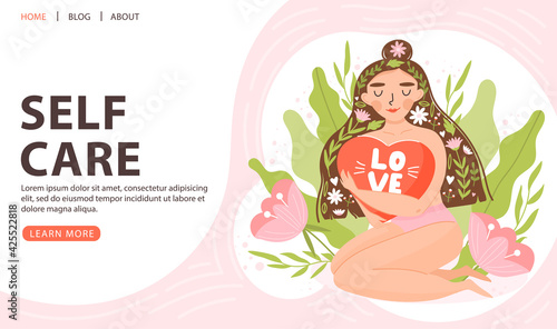 Self care, positive mindset or mental health concept. Cute girl sitting and hugging big heart. Positive woman with floral elements. Landing page template. Vector.