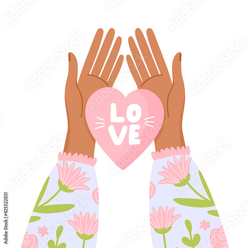 Heart in hands. Symbol of love. Self care, self acceptance, love yourself, narcissism concept. Vector illustration on white background.