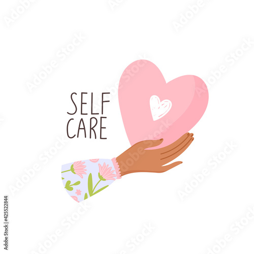 Heart in hand. Symbol of love. Self care, self acceptance, love yourself, narcissism concept. Vector illustration on white background.
