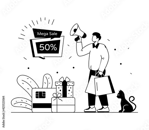 
Super and mega sale illustration in linear solid design 

