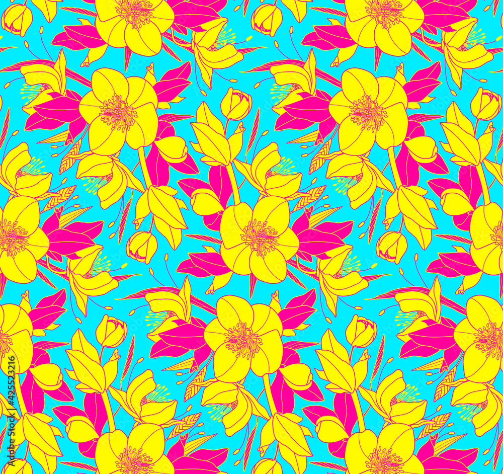 Seamless pattern bright yellow hellebore flowers composition on blue background. Vector design illustration for fashion, fabric, textile, decoration.