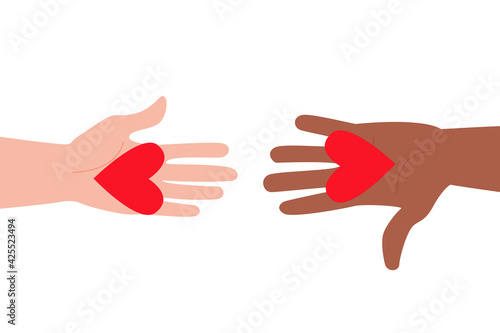 Two hands holding out their hearts to each other.