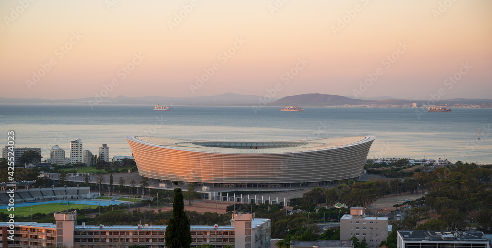 Fototapeta premium Beautiful football stadium against the sea bay in Cape town, South Africa