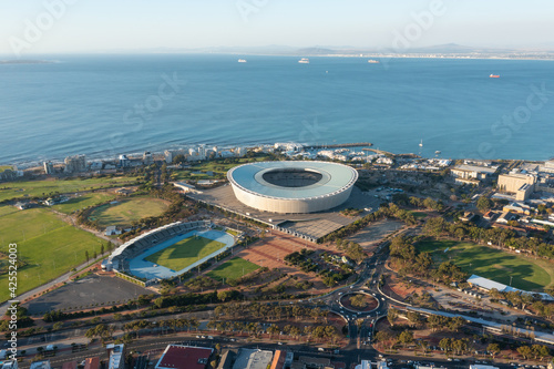 Aerial bird eye view of Cape town citywith modern football stadium