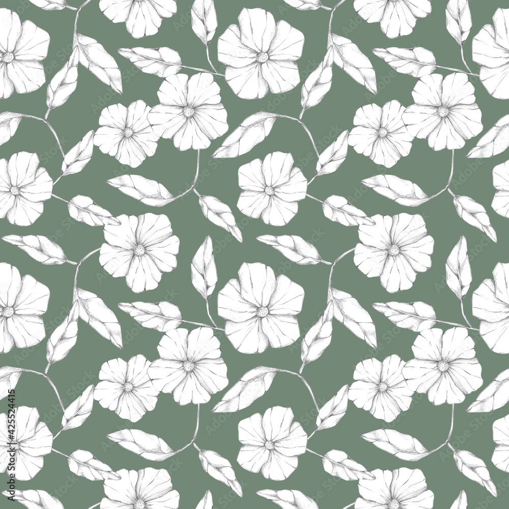 Graphic flowers and leaves seamless pattern on green background. Hand drawn vintage botanical print. Floral design element, decoration, background.