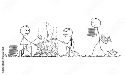 Group of Office Workers or Businessmen Roasting Sausages on Campfire, Burning Papers , Vector Cartoon Stick Figure Illustration