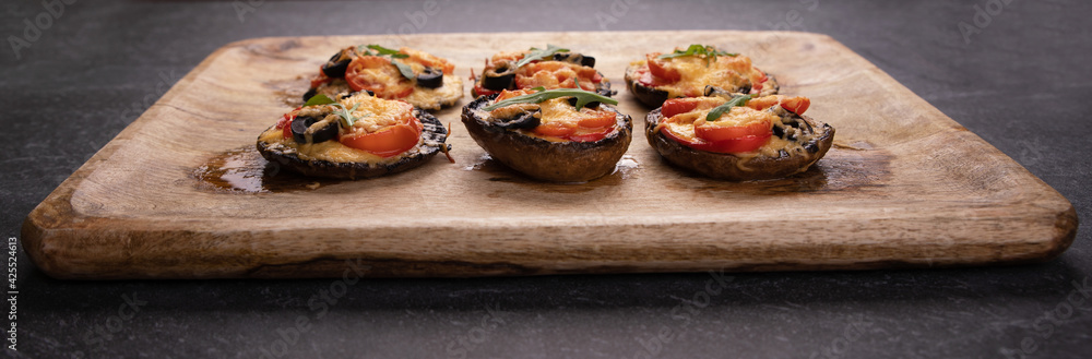 pizza portobello mushrooms on wooden tray, proper nutrition concept, panoramic image